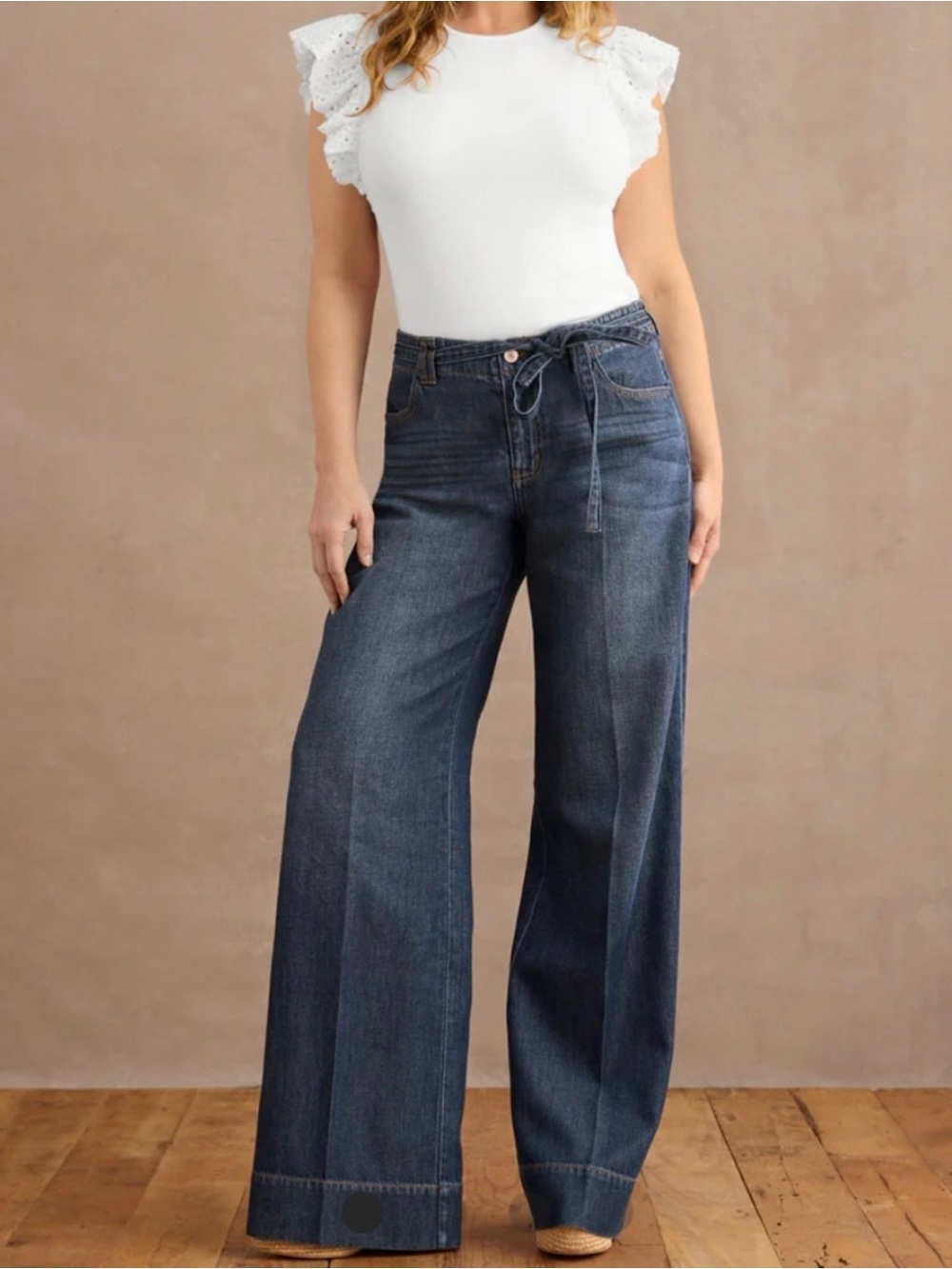 NWT Cabi Beau Dark Blue Wide-Leg Jeans with Tie Waist